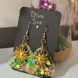 Disco Sun Earrings, Handmade Resin Triangle Earrings, Glitter Sun Dangle gift